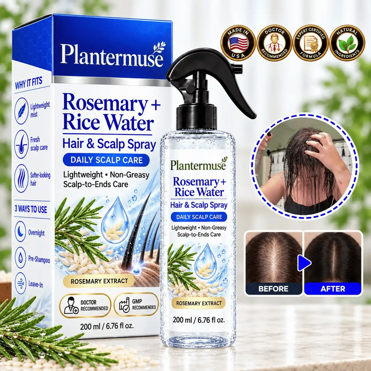 Plantermuse®Refreshing Rosemary & Rice Water Hair & Scalp Spray