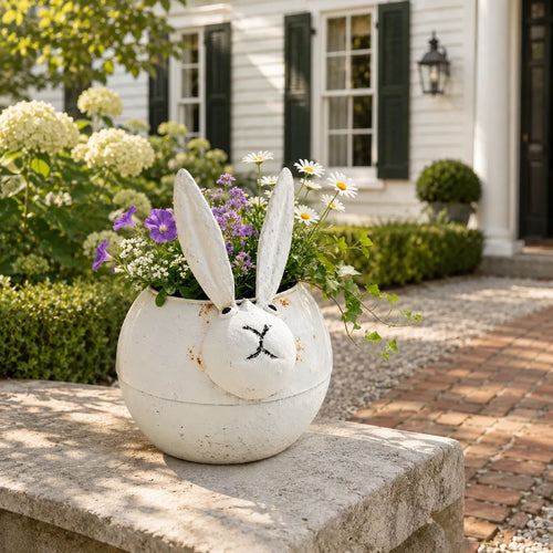 Plantermuse Rustic Distressed Bunny Metal Planter