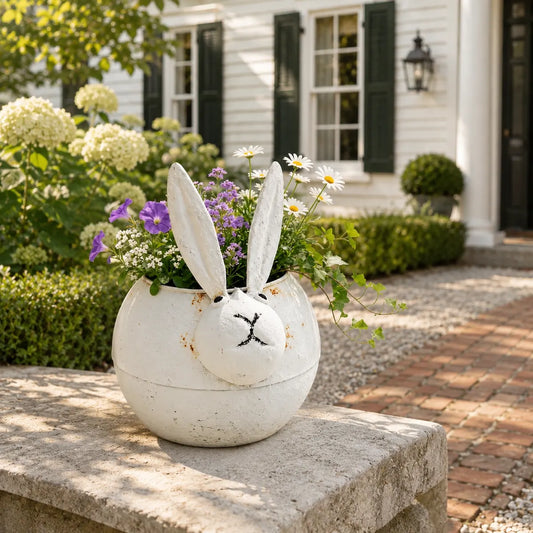 Plantermuse Rustic Distressed Bunny Metal Planter