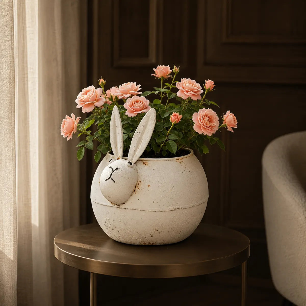Plantermuse Rustic Distressed Bunny Metal Planter