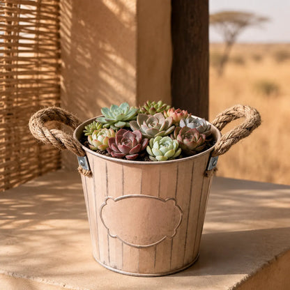 Plantermuse Rustic Metal Bucket With Rope Handles
