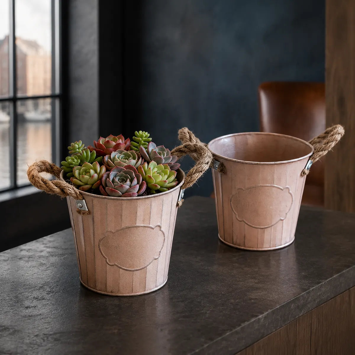 Plantermuse Rustic Metal Bucket With Rope Handles