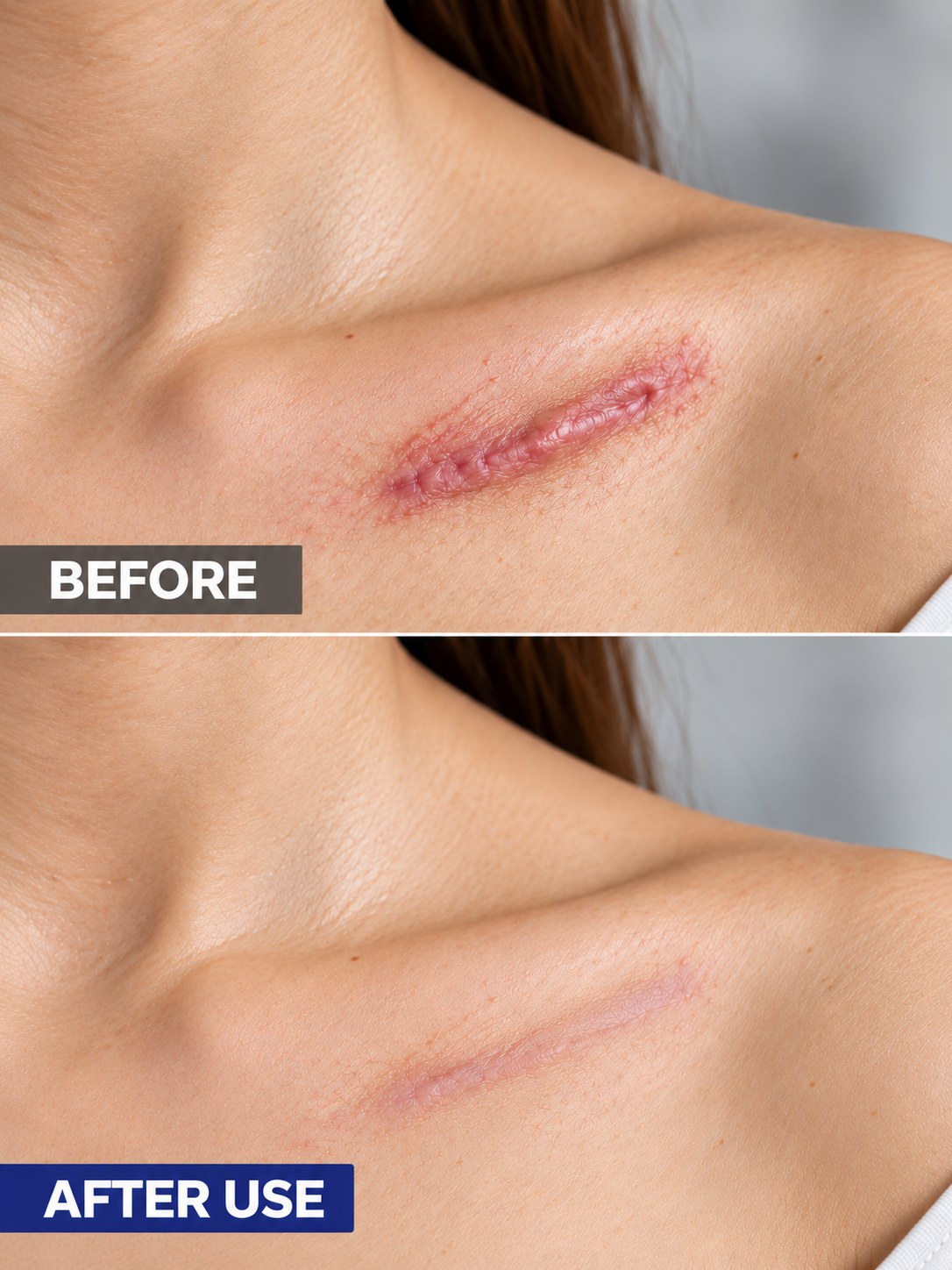 Before and after-use appearance comparison of a fully healed collarbone scar