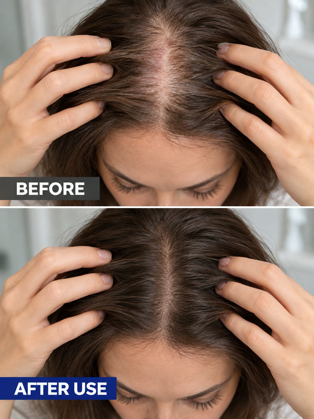 Before and after-use comparison showing a fresher-looking scalp and cleaner-looking roots