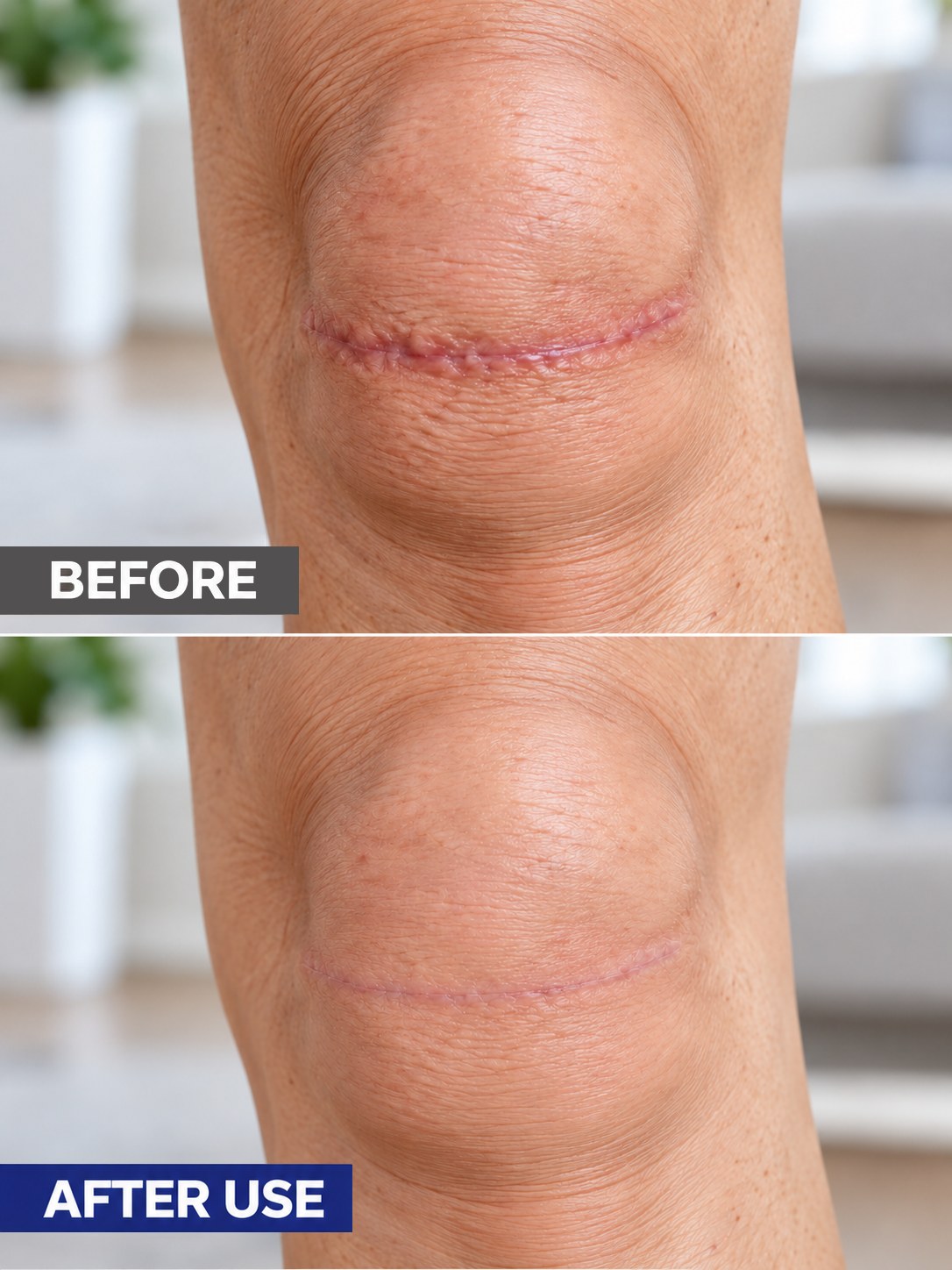 Before and after-use appearance comparison of a fully healed knee scar