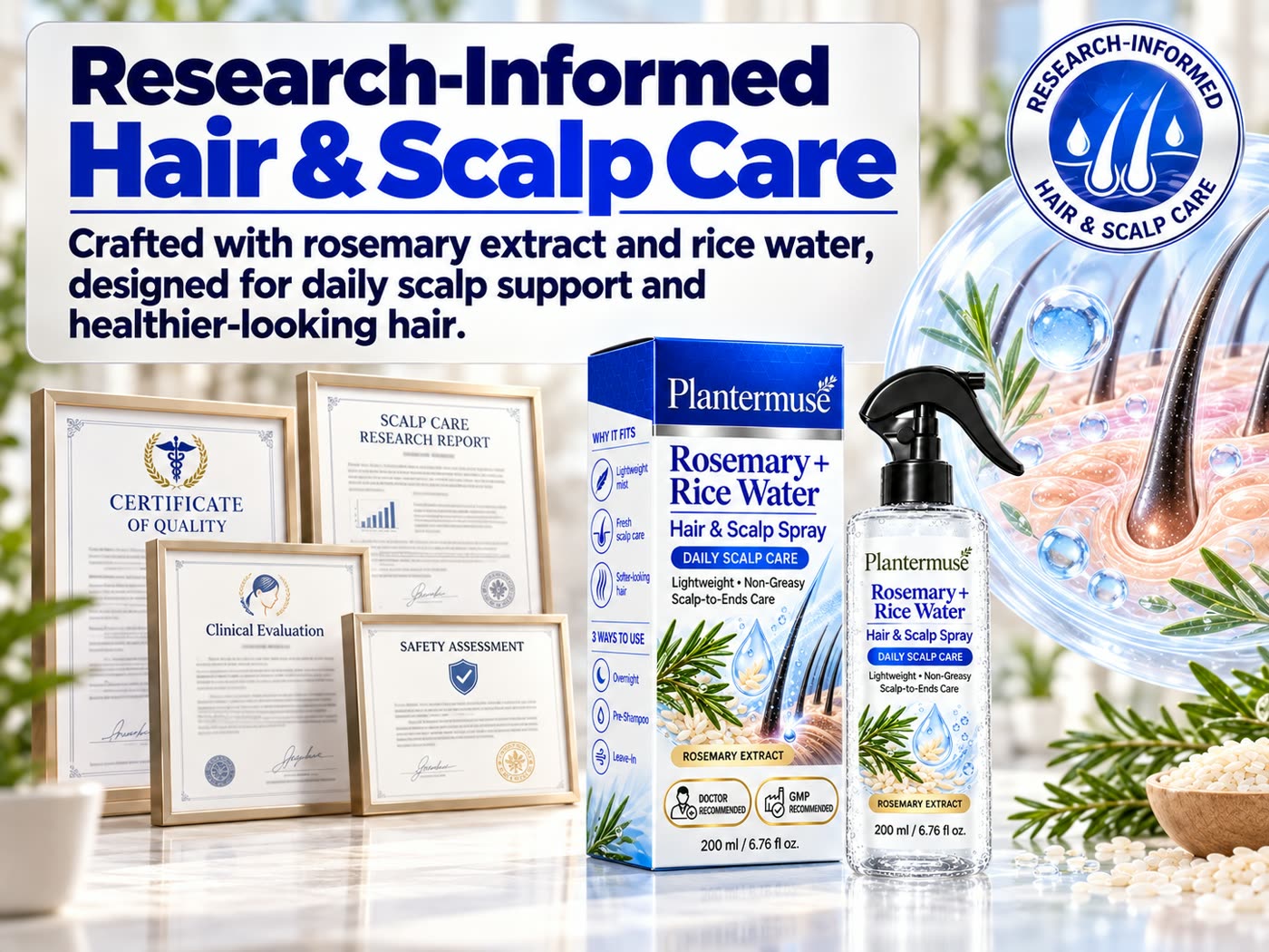 Research-informed rosemary and rice water hair and scalp care visual