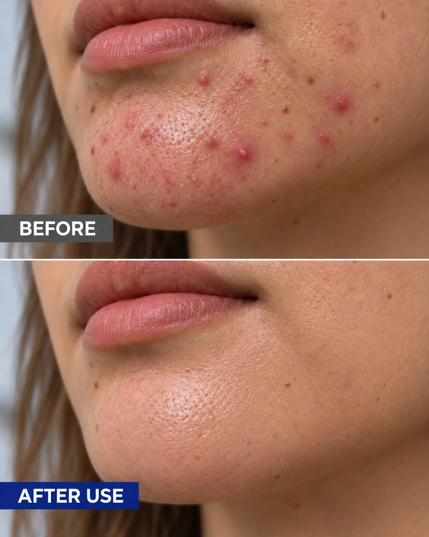 Before and after appearance comparison for chin blemish-prone skin
