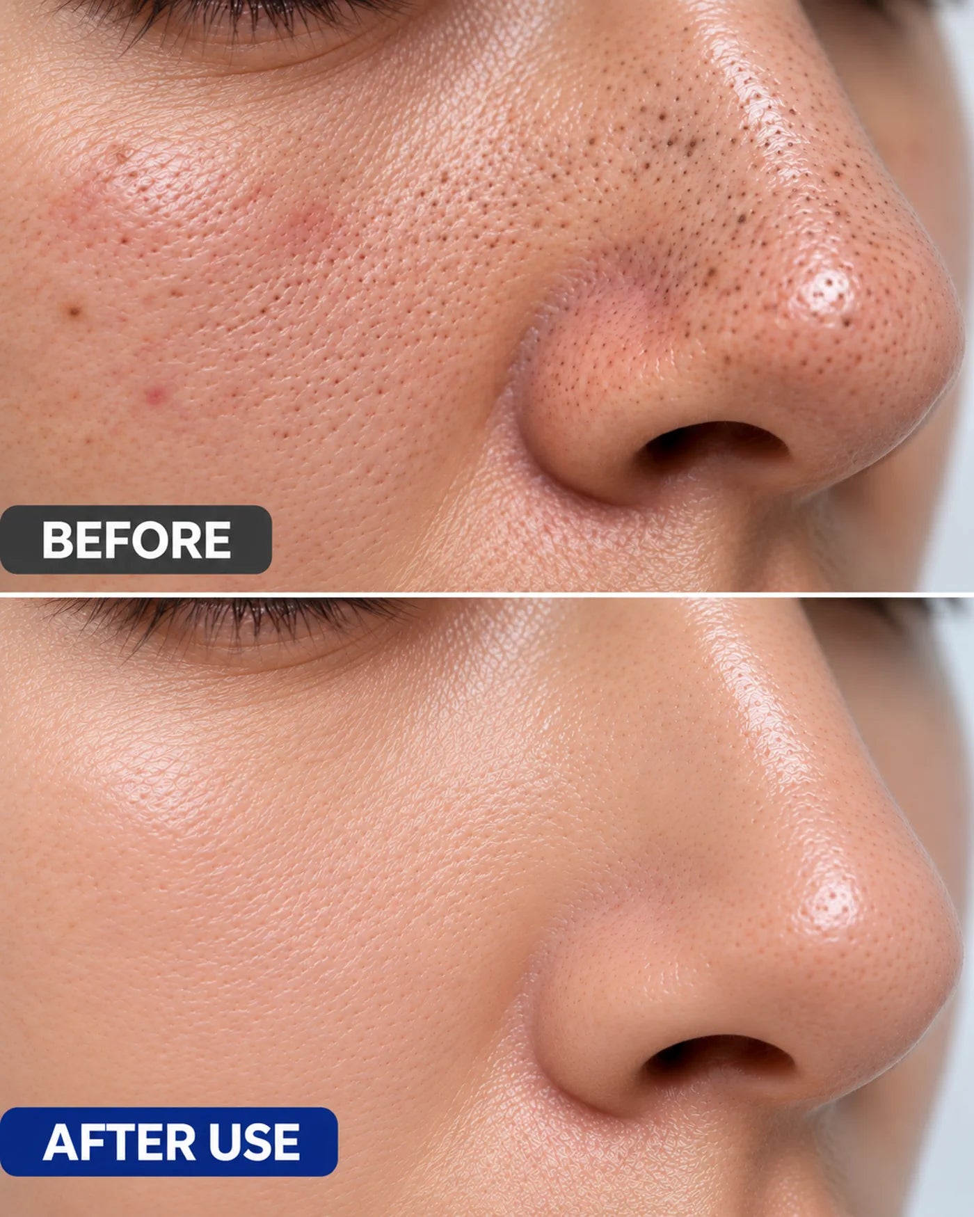 Before and after appearance comparison for visible nose pores