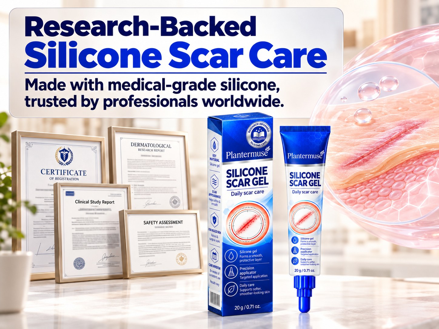 Silicone scar gel packaging displayed with research, safety and product documentation imagery