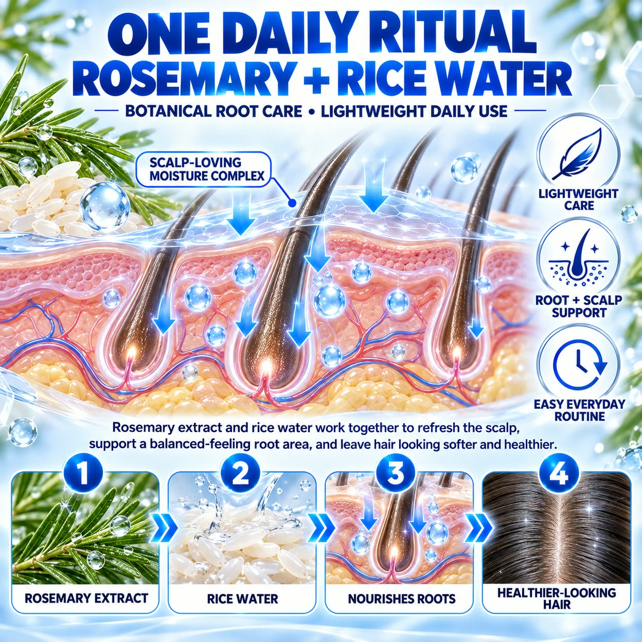 Rosemary extract and rice water shown as one lightweight daily scalp-care ritual