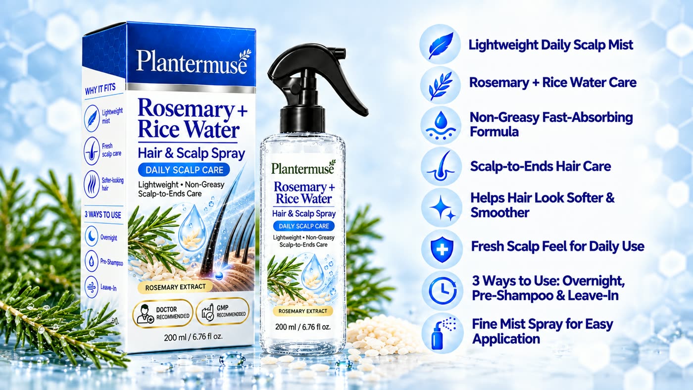 Rosemary and rice water spray with lightweight daily scalp and hair care benefits