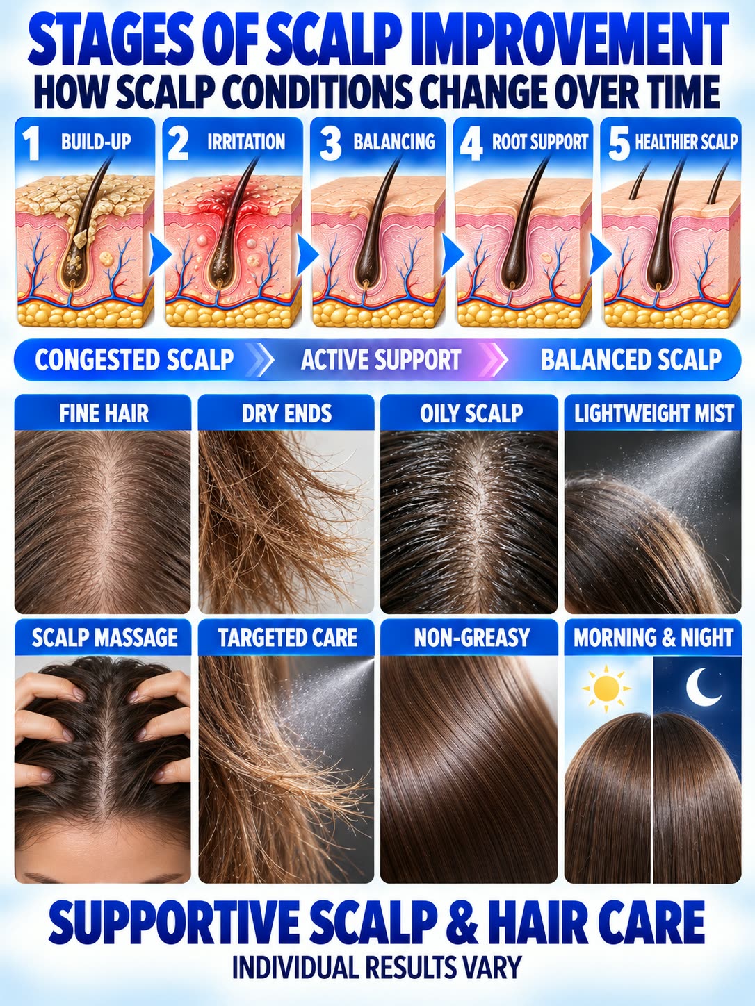 Stages of scalp improvement with common scalp and hair care needs