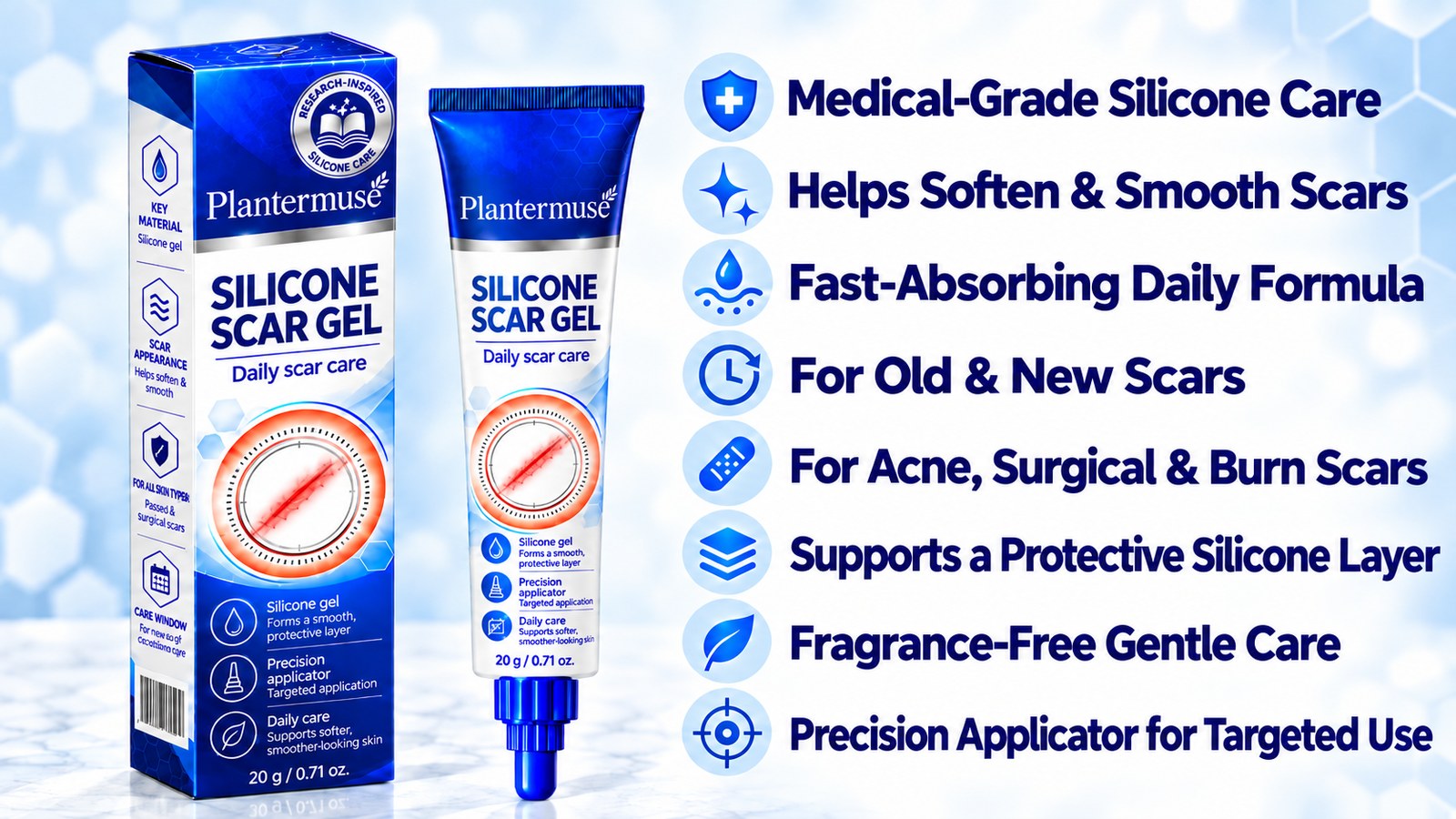 Silicone scar gel product packaging with key daily scar-care benefits