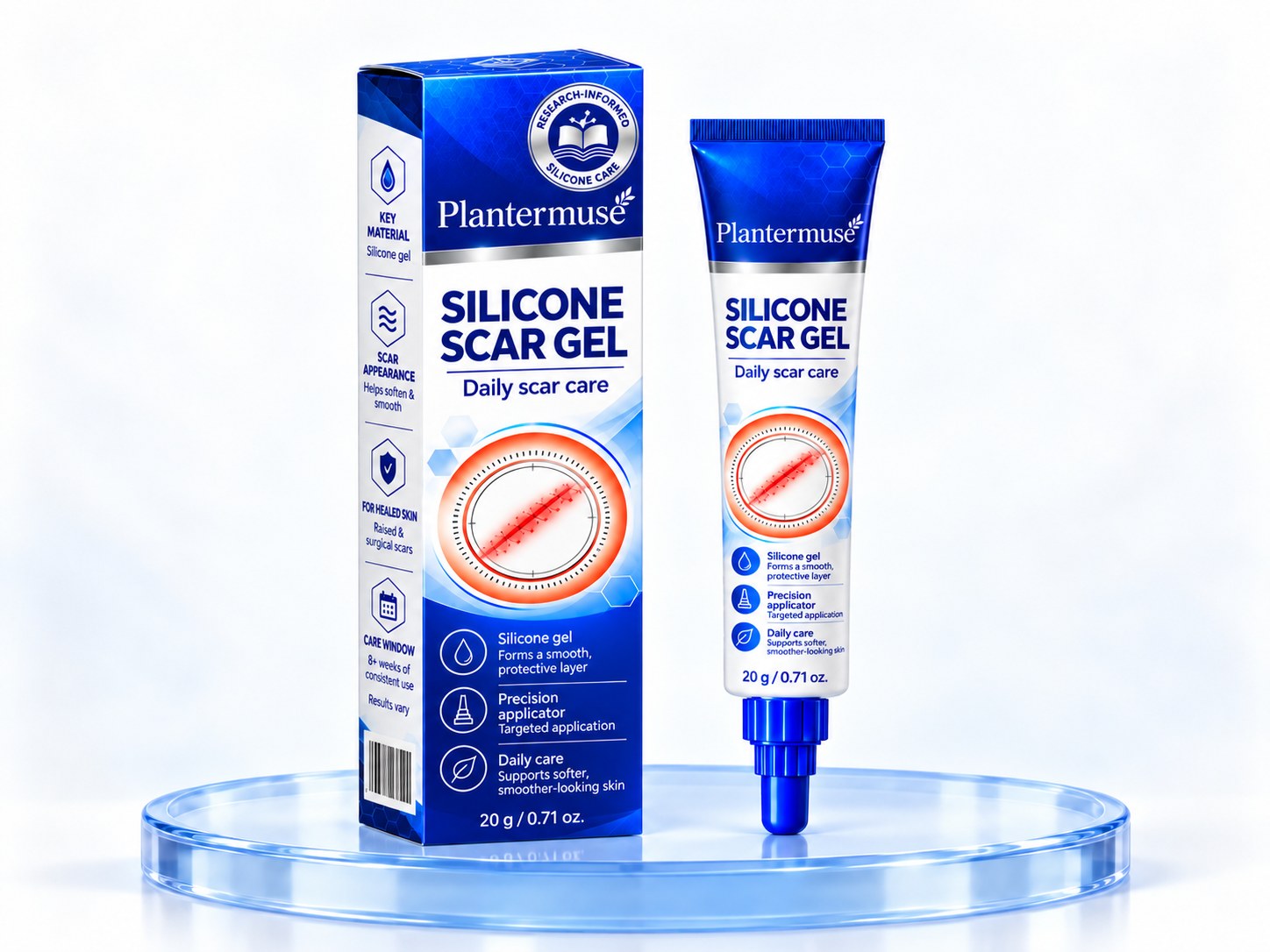Silicone scar gel box and tube product presentation