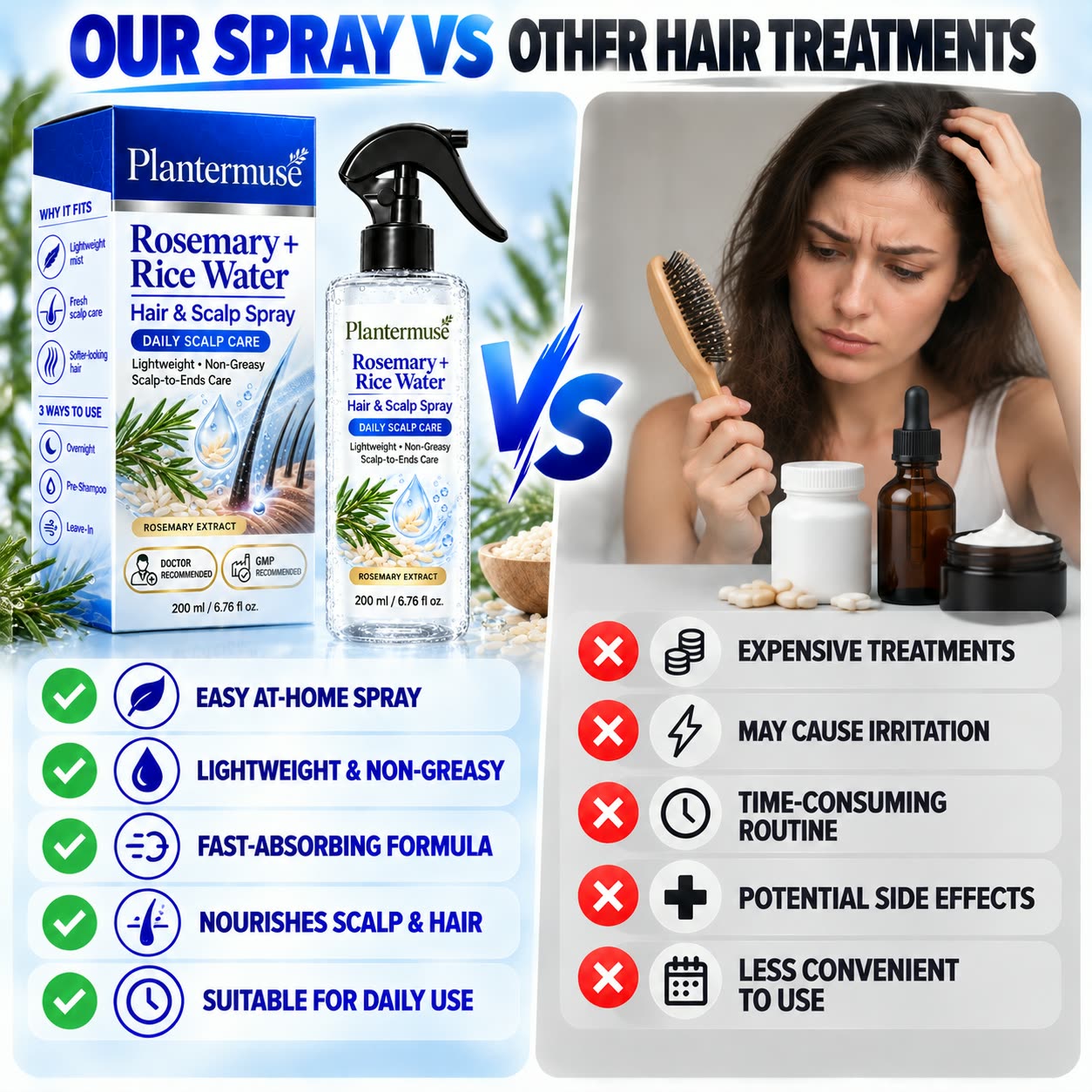 Ready-to-use rosemary and rice water spray compared with other hair treatments