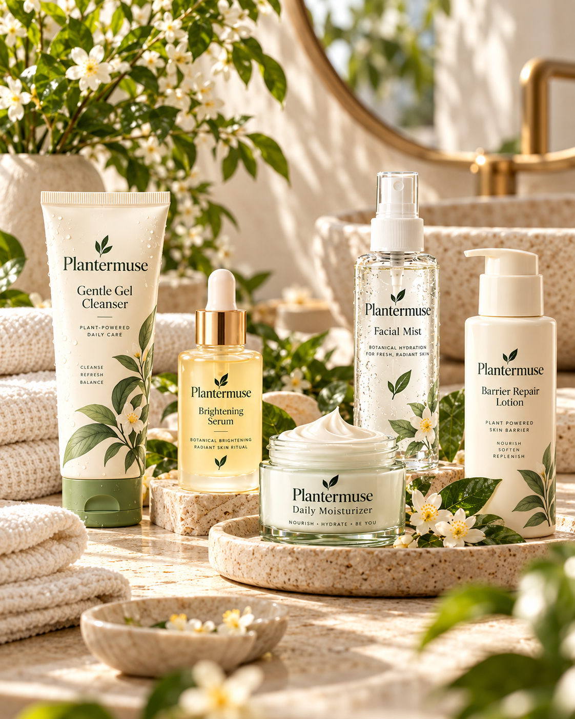 Plantermuse botanical skincare in a warm natural self-care setting